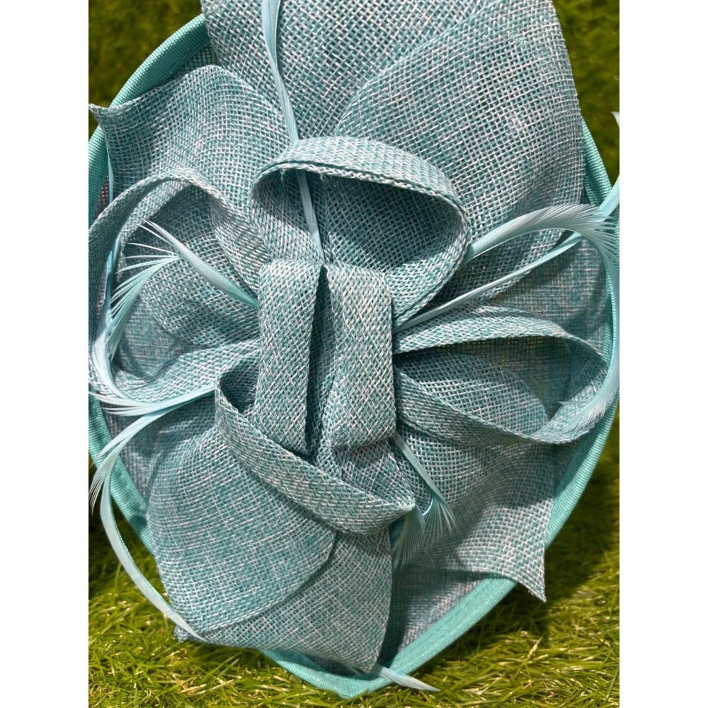 Aqua Blue Sinamay Fascinator Hat Feather Woven Loop Wedding Derby Headpiece